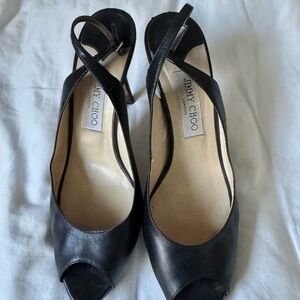 Jimmy Choo Black Leather Peep Toe Slingback Heels - Size 39.5